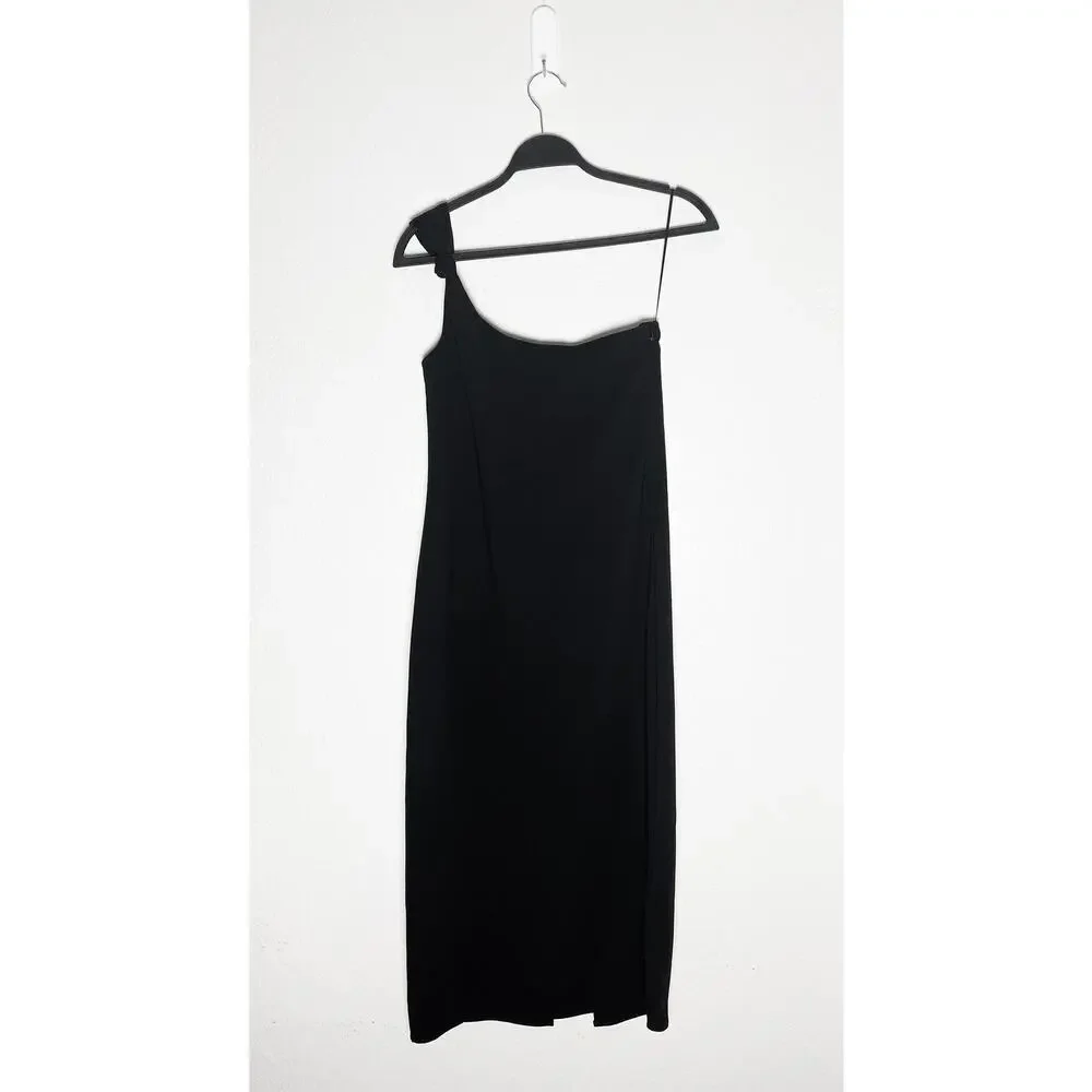 Toteme Women's Black One Shoulder Midi Dress Back Slit Cocktail Party Minimalist